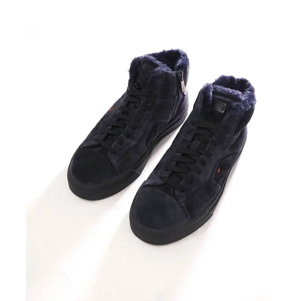$860 SANTONI - Navy Blue Suede Shearling Lined Sneakers - US 8 (7UK)